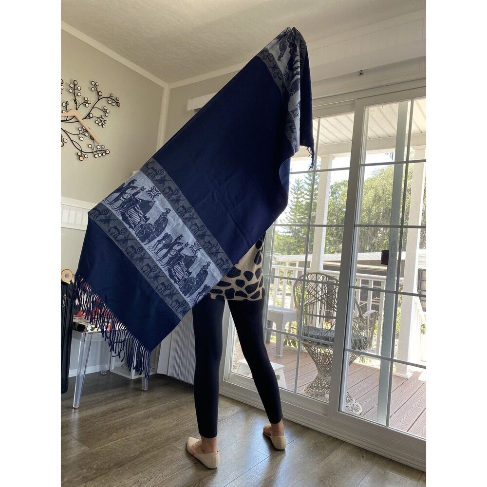 Peruvian Inca tradition weave Alpaca wool shawls / scarves - dark blue 74x25”